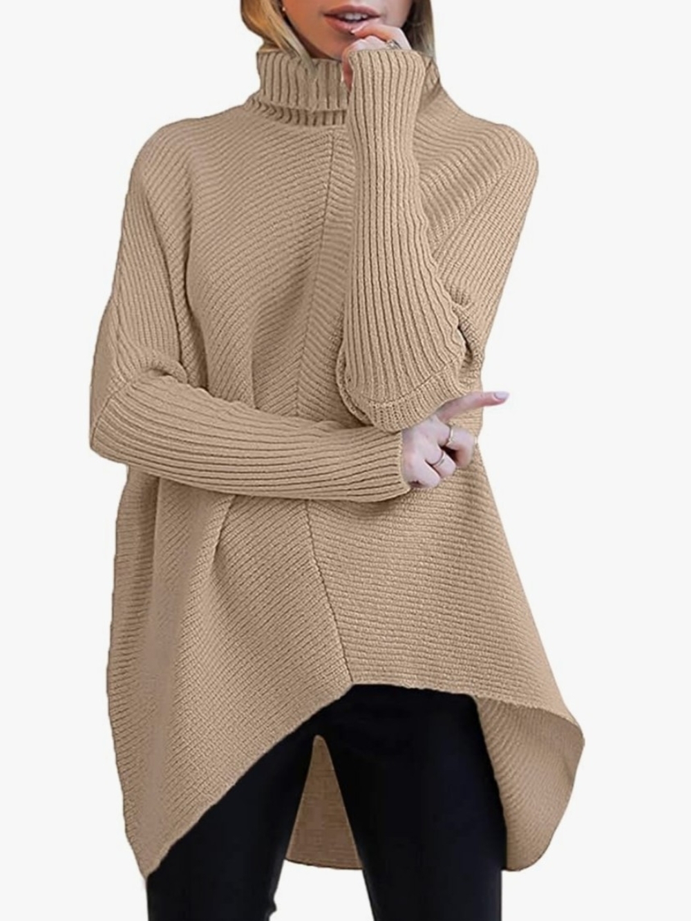 Beige Turtleneck Ribbed Sweater Tunic - Brand